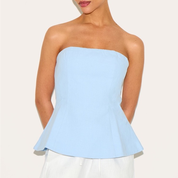 PrettyLittleThing Sky Blue Strapless Peplum Top - Picture 1 of 6